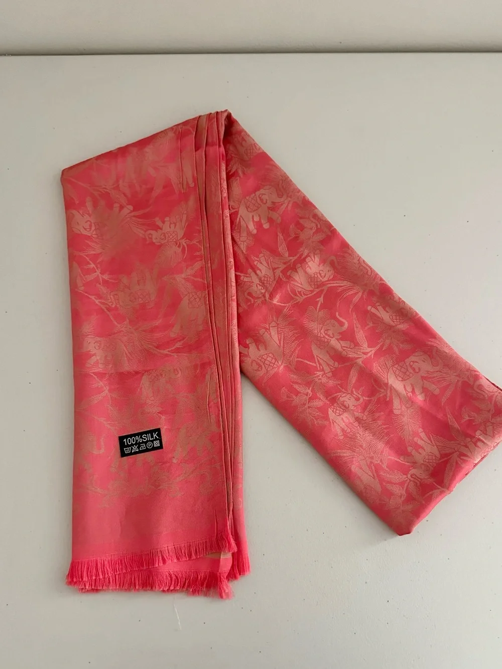 100% Silk Elephant Jacquard Scarf Wrap Shawl Coral Pink Fringe 75x26 Boho Travel